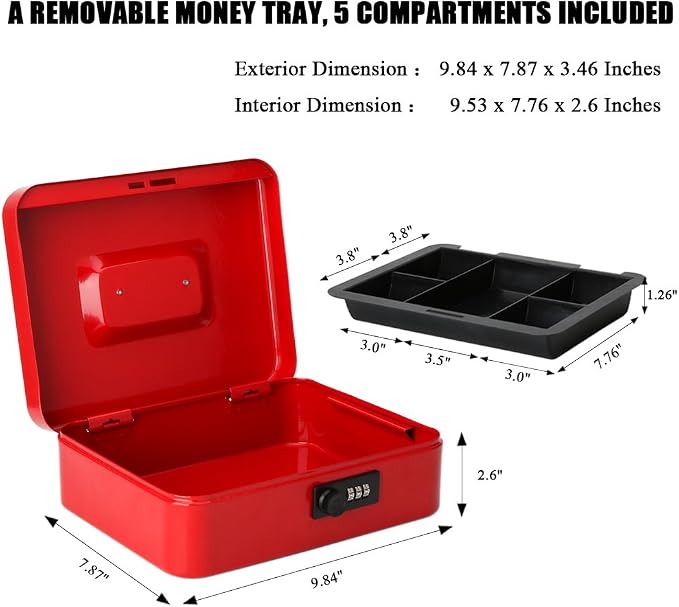 Jssmst Large Cash Box with Combination Lock – Durable Metal Cash Box with Money Tray Red(9.8 x 7.9 x 3.5), SM-CB07003L - Image 2