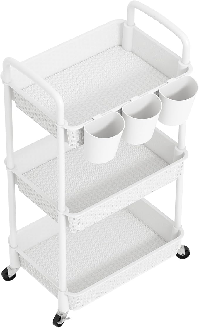 MOYIPIN 3-Tier Plastic Rolling Utility Cart with Handle,White | Utility Storage Cart for Office, Living Room, Kitchen,Movable Storage Organizer，Easy installation，Rattan-like art design - Image 8