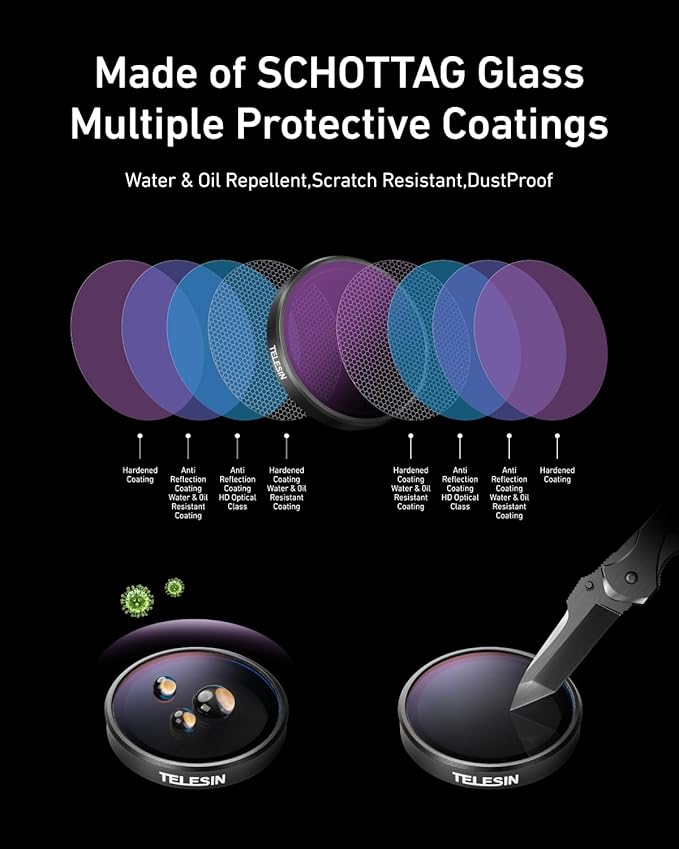TELESIN Lens Filter Kit for DJI Osmo Action 3 Action 4 Action 5 Pro Accessories, 4 Pack CPL Polarizing ND8 ND16 ND32 Neutral Density HD Ultra Thin Lens Protector for Camera - Image 4