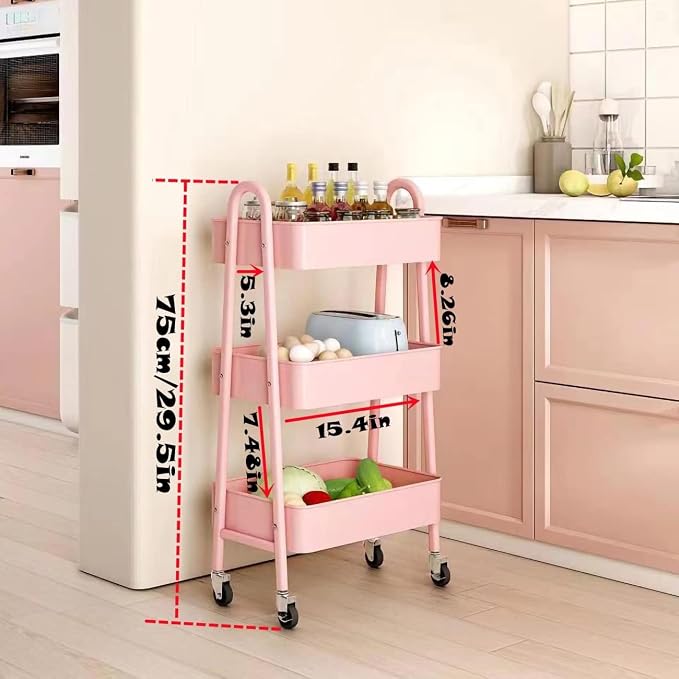 Utility Cart, 3-Tier Rolling Slim Storage Cart with Wheels, Metal, Pink - Image 2