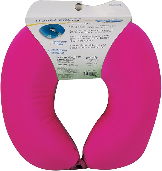 Dual Comfort Microbead Airplane Travel Neck Pillow. Soft Cozy Plush Fabric on One Side, Cool Relaxing Spandex on The Other! Customize Your Comfort and Support at Home or On The Go! Bright Pink - Image 2