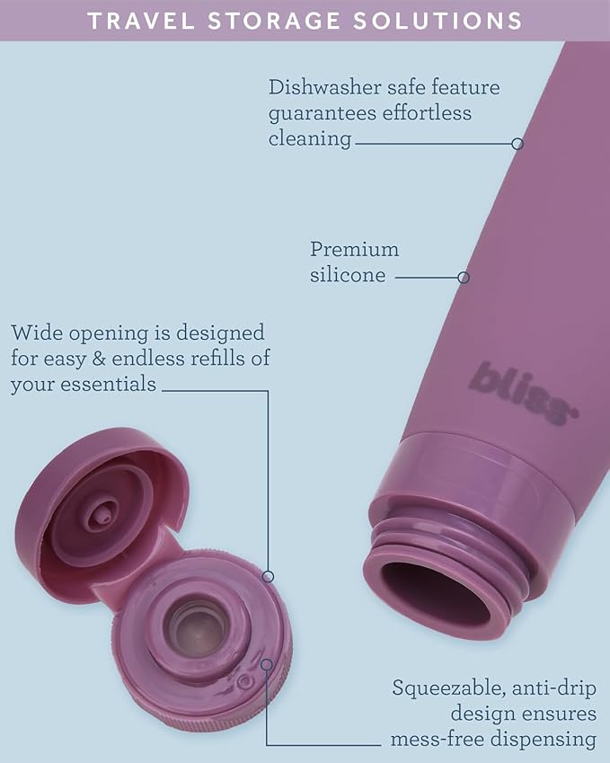 Bliss Travel Bottles Set 10 Piece TSA Approved Leak Proof Refillable | Flexible Silicone Squeeze Containers Hold Shampoo, Conditioner, Lotion & Skincare, Durable Build Makes Packing Mess-Free - Image 6