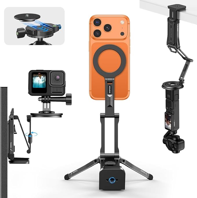OMOTON TP02-Ultra Magnetic Action Camera Mount for DJI/GoPro iPhone, Black | Arca-type Adapter with 1/4" Screw, 4 in 1 Phone Tripod for Travel Vlog, Adjustable & Swivel, for iPhone 12-17 Series by OMOTON