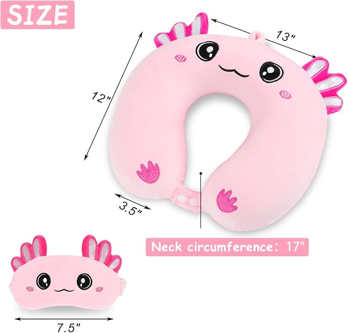 Travel Pillow, Kids Travel Pillow with Sleep Eye Mask Soft Memory Foam Kids Neck Pillow for Boys & Girls, Travel Accessories for Car Airplane Traveling - Axolotl - Image 2