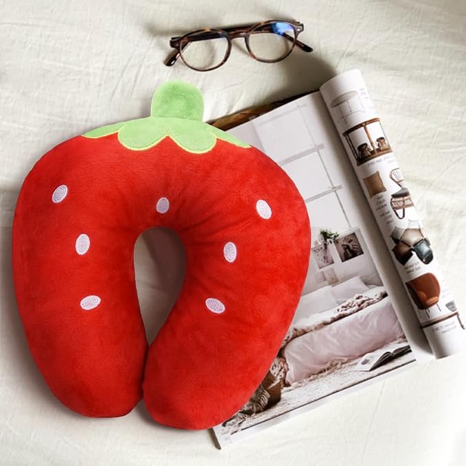 EKDJKK Travel Pillow for Kids, Cute Animal Neck Pillow Support U Shaped Cushion Plush Soft Rest Reading Pillow Sleeping Pillow for Airplane Train Car (Strawberry) - Image 6