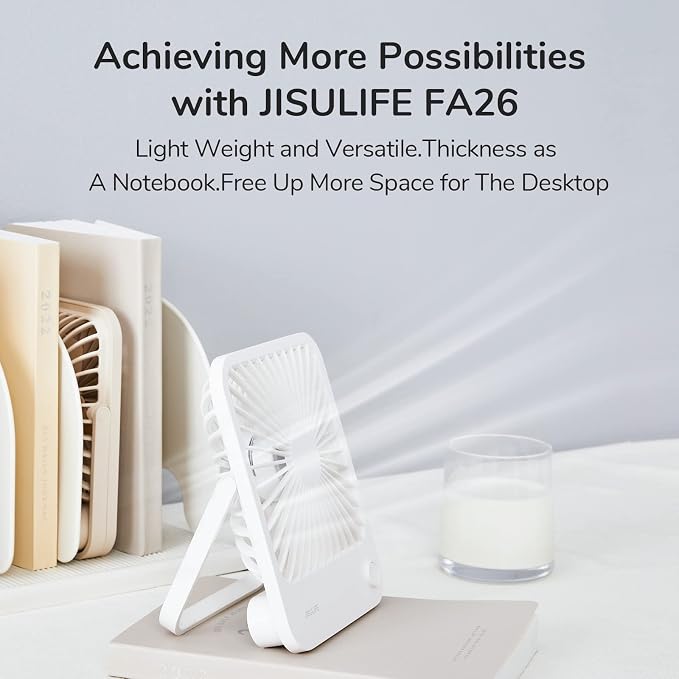 JISULIFE Small Desk Fan Battery Operated, 180° Foldable Portable Fan, 4 Speeds Adjustable Ultra Quiet for Home Office Travel Outdoor-White | Battery Operated, 4 Speeds Adjustable Ultra Quiet for Home Office Travel Outdoor-White - Image 2