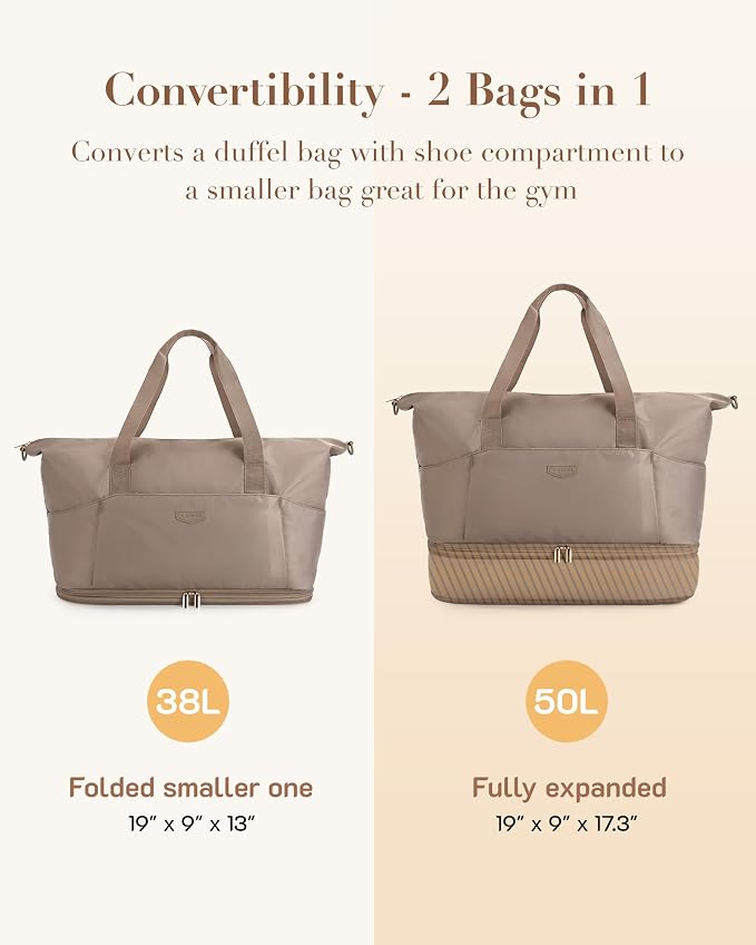 Missnine Weekender Bag for Women, Foldie Travel Bag Expandable with Shoes Compartment Travel Duffel 50L Carry on Overnight Gym - Image 2