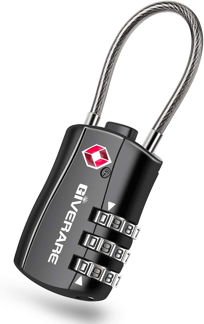 GIVERARE TSA Approved Luggage Locks, Combination Travel Cable Lock, Re-settable 3-Digit Padlocks with Alloy Body, Keyless Travel Sentry Accepted Padlock for Gym Locker, Golf Bag Case, Backpack-Black by GIVERARE