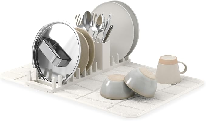 Umbra Udry Dish Drying Rack with Microfiber Mat, Foldable Drainer, Sand | Machine washable, protects countertops, utensil holder, compact space saving design by Umbra