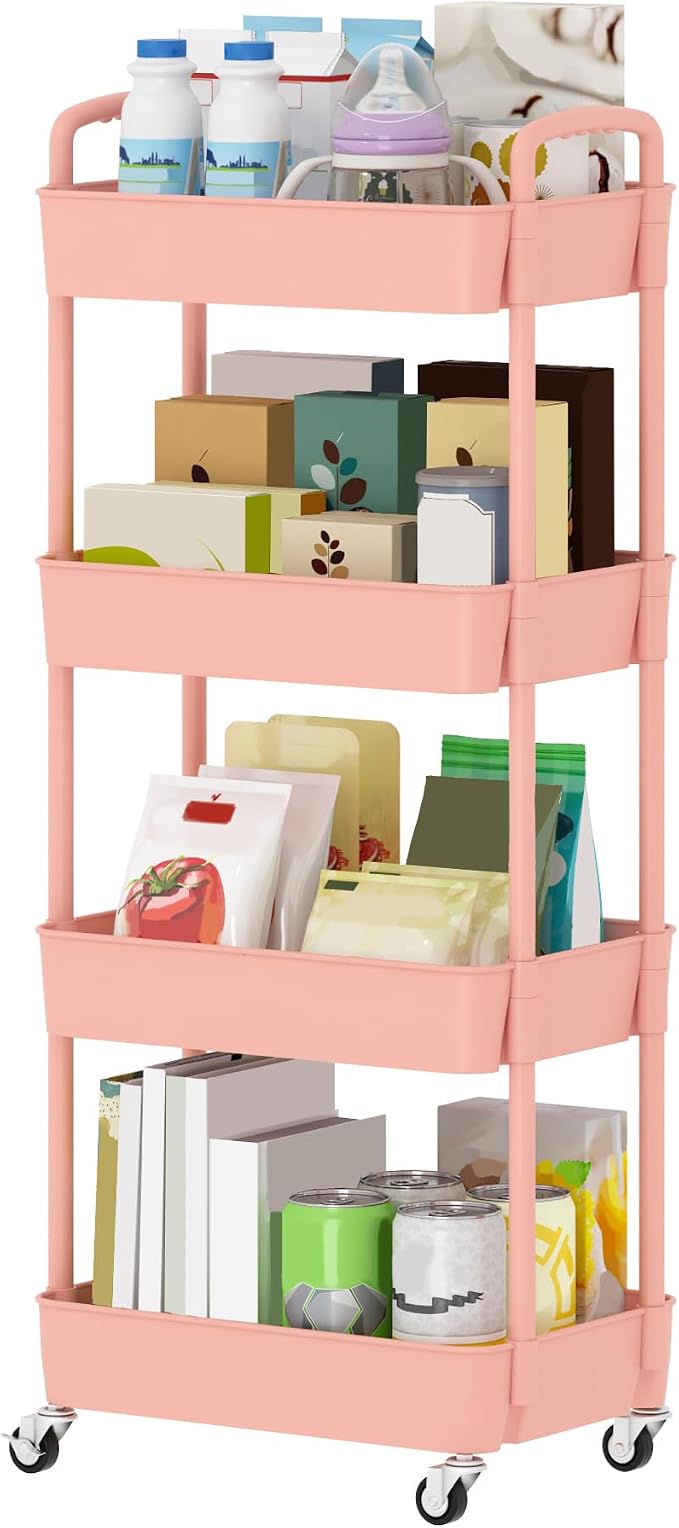 Sywhitta 4-Tier Plastic Rolling Utility Cart with Wheels for Storage, Pink | Multi-Functional Storage Trolley, for Office, Living Room, Kitchen, Bathroom,Movable Organizer,Space-Saving,Easy to assemble by haseverythingyouneed