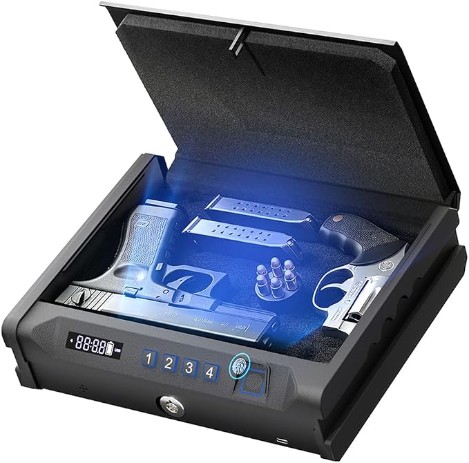 Biometric Quick Access Gun Safe for 2 Pistols,3 Ways Unlock Fingerprint Digital PIN Key,Portable Handgun Safe with LCD Screen, Lock Box for Bedroom Bedside Nightstand and Car,JuJuSafeWin by Unknown