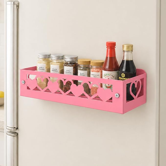 OYEFLY Pink Heart Magnetic Spice Rack for Refrigerator, Metal Magnetic Shelf Basket, Cute Fridge Organizer and Storage, Pink Kitchen Accessories for Spice Storage, Cabinet or Laundry Room (1) by OYEFLY