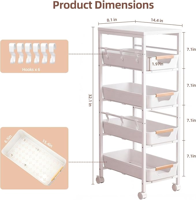 5 Tier Slim Rolling Storage Cart with Pull-Out Drawers, White | Narrow Utility Organizer Cart, Wooden Top, Wheels, For Small Spaces, Kitchen, Bathroom, Laundry Room - Image 2
