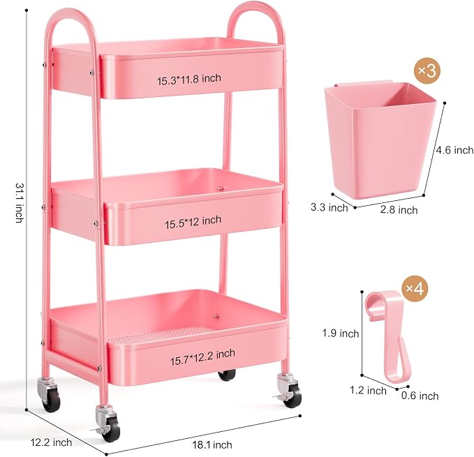3 Tier Metal Rolling Cart with Lockable Wheels and Handle,Three Tiered Cart | Pink Roller Trolley on Wheels, Utility Storage Organizer for Bathroom, Kitchen, Teachers, Art, Crafts, Baby Diaper,Snack,Nail - Image 9