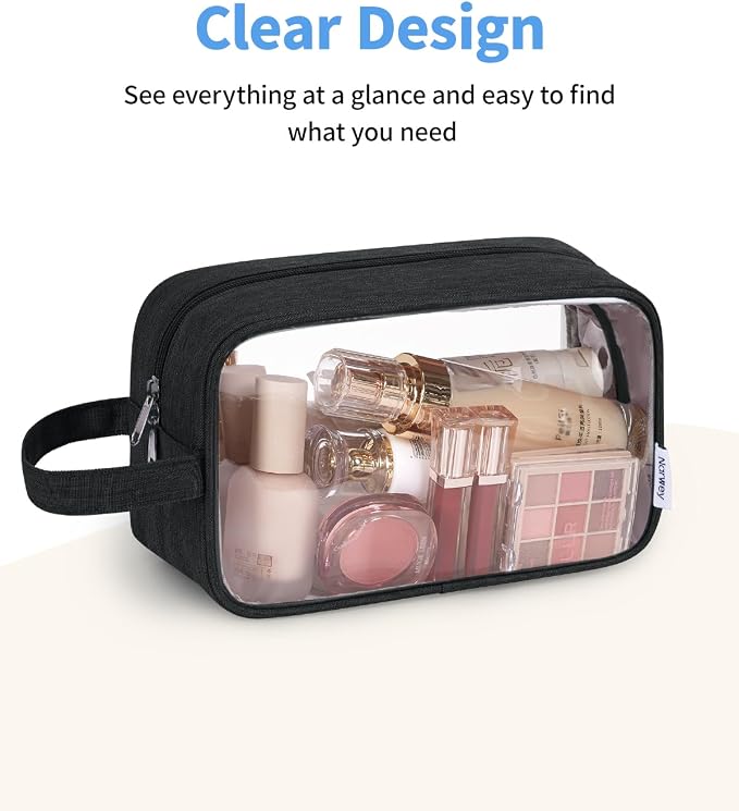 Narwey Clear Travel Toiletry Bags for Traveling Toiletries Men Women, Clear Makeup Bag Cosmetic Bag with Zipper, Make Up Pouch Organizer Bag with Handle, Skincare Beach Snack Medicine Bag, Black - Image 2