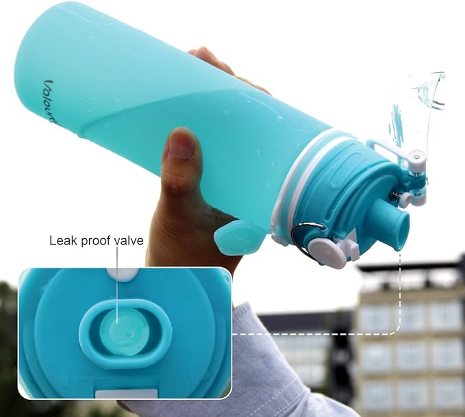 Valourgo Collapsible Water Bottle, Silicone Foldable with Leak Proof Valve BPA Free, Aqua Blue, 21 oz - Image 3