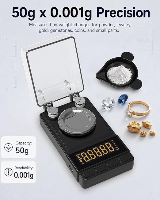 Digital Milligram Scale 50g/0.001g, Compact Mg Scale, 2 x 20g Weights | Black Powder Scale for Reloading, 6 Units, Tare, Counting, USB/Battery Powered, for Jewelry, Gold, and other micro items - Image 2