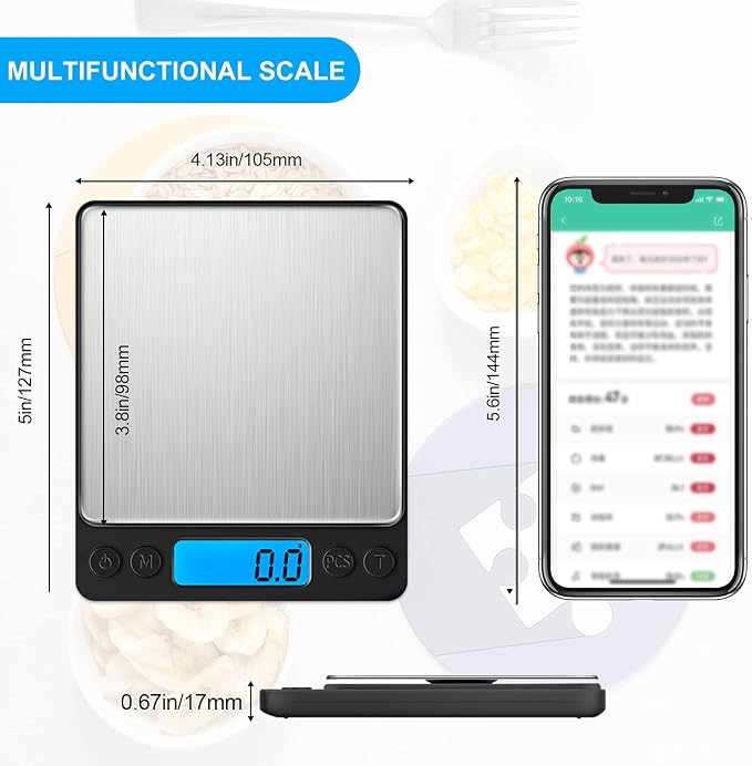 Digital Food Kitchen Scale Upgraded, YONCON 3000g/0.1g High Accuracy Mini Pocket Scale Measures in Grams and oz for Cooking, Baking, Jewelry, Tare Function,2 Trays, LCD Display (Batteries Included) - Image 7
