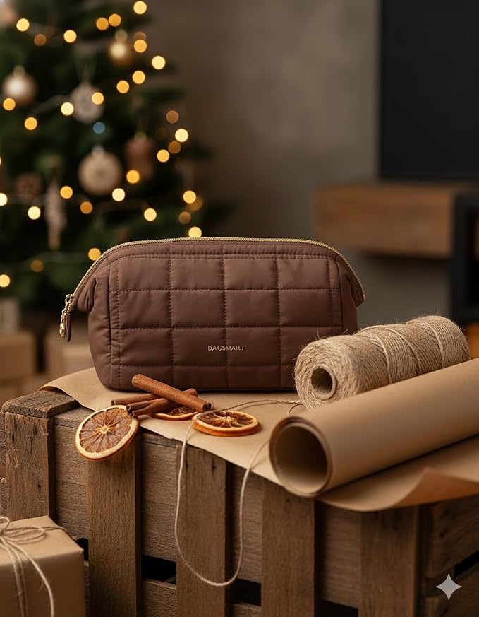 BAGSMART Makeup Bag Travel Toiletry Bag, Wide-open Zipper Pouch, Chocolate | Puffy Padded, Travel Essentials, Make Up Bag, For Women, Makeup Organizer, Toiletries Accessories Brushes - Image 2