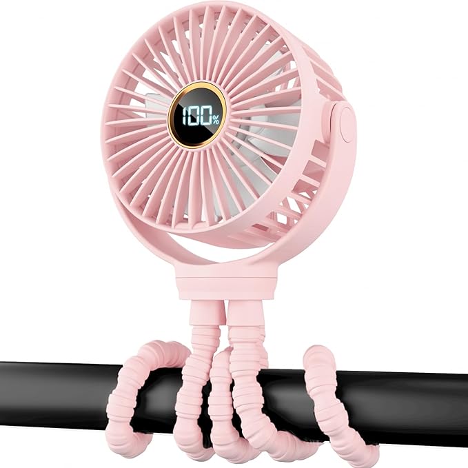 Portable Stroller Mini Fan, Small Rechargeable Personal Cooler w/ 360° Rotation, 3-Speed, Display, Battery Powered Stroller Accessories, Baby Essentials for Car Seat, Crib, Bike, Treadmill, Sakura by Buywoo