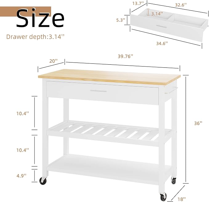 Shintenchi Kitchen Island Cart with Storage,Rolling Kitchen Island Side Table on Wheels with Large Worktop,Storage Cabinet,Towel Rack,Drawers and Open Shelves for Kitchen,Dinning Room,White - Image 6