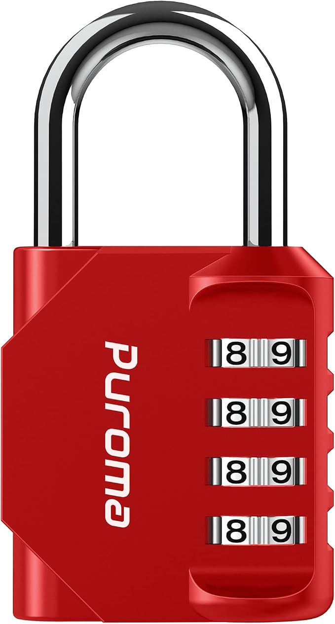 Puroma 1 Pack Combination Lock Locker 4 Digits Combo Padlock Gym Red | For School Gate Fence Toolbox Hasp Storage, Outdoor, Resettable, Weatherproof, Side Window, Crack Cut Resist, Hardened Steel by Puroma