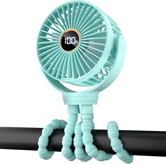 Portable Stroller Mini Fan, Small Rechargeable Personal Fan, Travel Essentials for Baby, Wagon, Car Seat, Treadmill, Battery Powered Biking Gear Accessories, 360° Rotation, 3-Speed, Display, Aqua by Buywoo