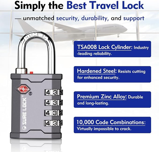 SURE LOCK TSA Accepted 4 Dig Heavy Duty Big Combination Luggage Padlock All Metal Travel Lock for Equipment Hard Case Luggage Gun Case Gym Locker Pelican Vault Lock (2, Grey) - Image 3