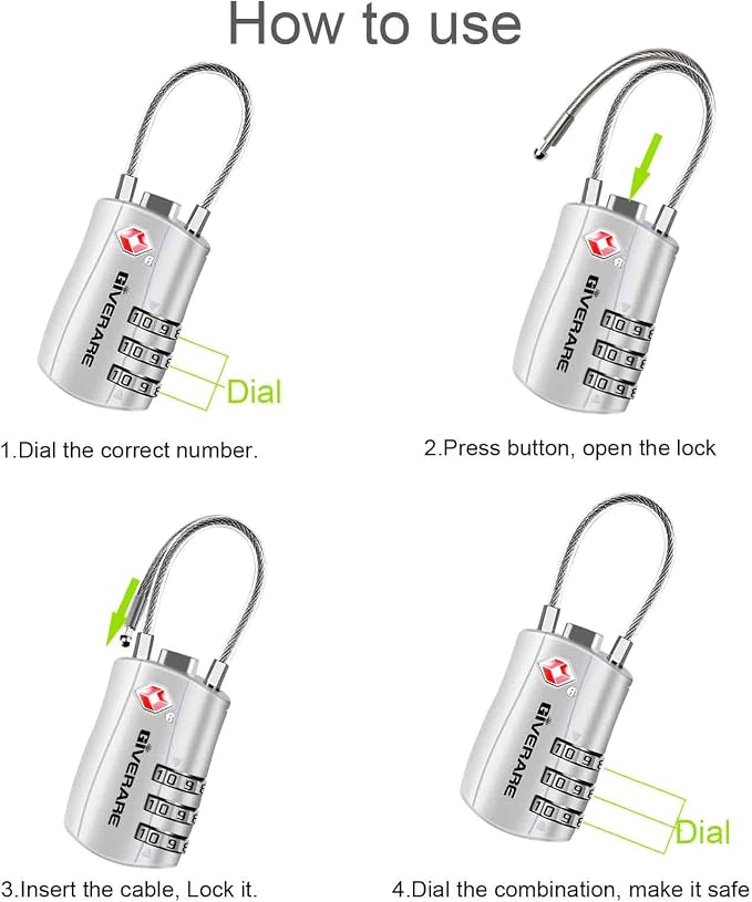 GIVERARE 2 Pack TSA Approved Luggage Locks, Combination Travel Cable Lock, Re-settable 3-Digit Padlocks with Alloy Body, Keyless TSA Padlock for Gym Locker, Golf Bag Case-Silver - Image 6