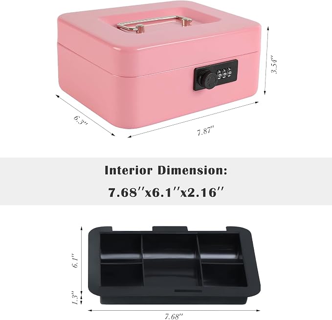 xydled Steel Cash Box Safe with Combination Lock,Money Safe Box with Removable Coin Tray,Medium,7.87"x 6.30"x 3.54",Pink - Image 4