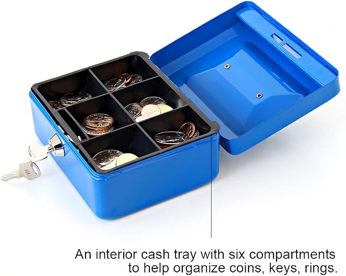 Decaller Small Cash Box with Key Lock, Double Layer Metal Money Box for Home Security, Portable Locking Box, 5.9" x 4.7" x 3.2", Blue - Image 2