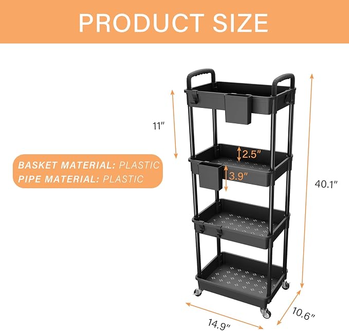 4 Tier Rolling Utility Cart with Handle,REBECAT Utility Cart Made of Multifunctional Storage Organizer Tool for Kitchen,Bathroom,Living Room,Office(Black) - Image 5