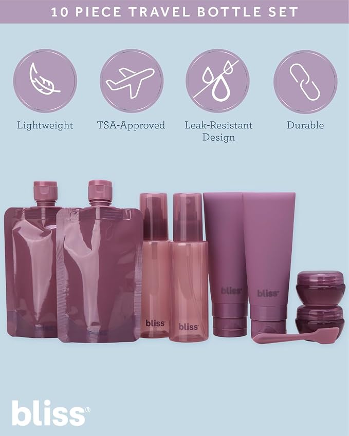 Bliss Travel Bottles Set 10 Piece TSA Approved Leak Proof Refillable | Flexible Silicone Squeeze Containers Hold Shampoo, Conditioner, Lotion & Skincare, Durable Build Makes Packing Mess-Free - Image 2