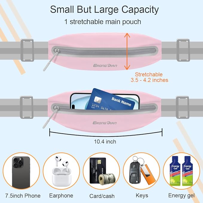 Water Resistant Fanny Pack, Slim Running Belt for Women, Pink | Adjustable Widened Elastic & Reflective, Ultra-Light, Zipper Pocket, Phone Holder for Running Walking Outdoor, Fit All Phones - Image 2