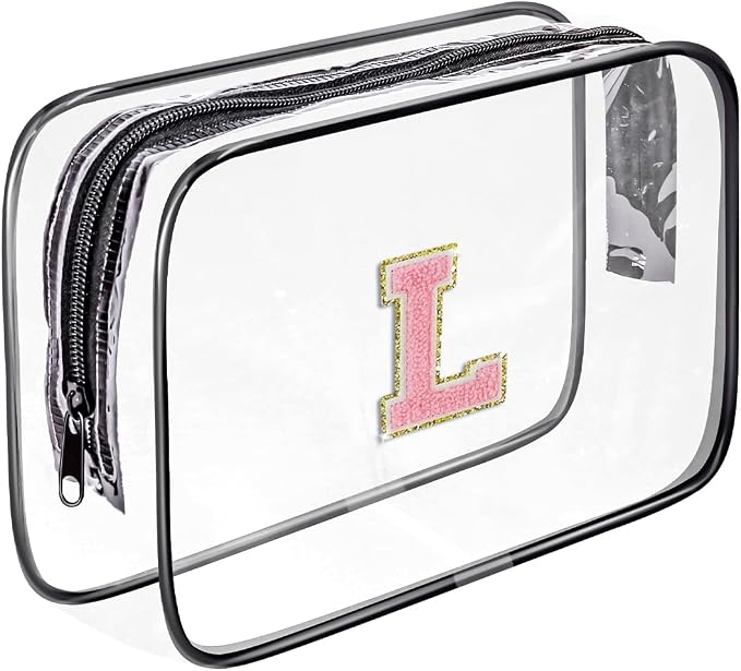 Clear Toiletry Bag,Portable Travel Toiletry Bag,Chenille Letter Cosmetic Bag with Zipper,Waterproof Makeup Bag,Cosmetic Storage Organizer for Women Men,Travel Essentials (Black,L) by Fodofodo