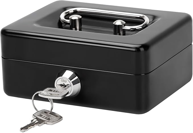 Jssmst X-Small Cash Box with Lock - Money Saving Box for Cash Coins, Small Lock Box for Medication Personal Items, 4.92'' x 3.94'' x 2.28'', Black by Jssmst