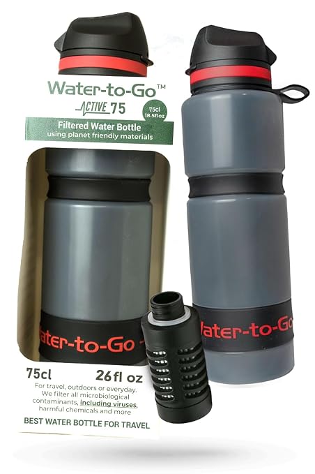 Water-to-Go Active Water Filter Bottle, 25oz/75cl | International Travel, Portable Purification, Eco-Friendly Bioplastic, New Leak-Proof Lid, Filters Viruses Most Bottles Miss by WATERTOGO