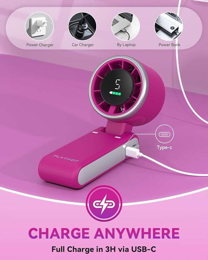 PlayHot Portable Handheld Turbo Fan, Travel Essentials, Gifts for Women/Men | 5-Speed, Up to 12H, 10m/s Airflow, USB-C Rechargeable, LED Display, 3-in-1 Foldable Personal Fan for Cruise, Beach, Vacation - Image 5