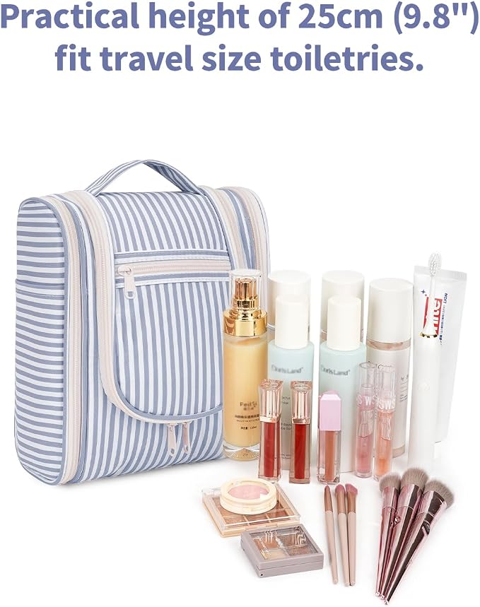 Narwey Small Striped Hanging Travel Toiletry Bag for Women, Travel Bag for Toiletries, Makeup Bag Organizer Cosmetic Bags Make Up Bags for Women (Greyish Blue Stripe) - Image 4