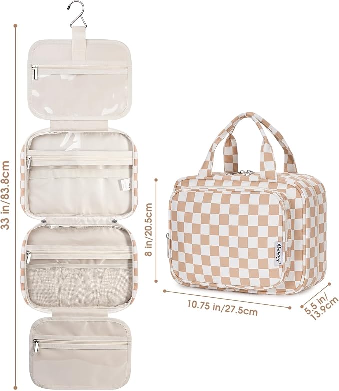Narwey Hanging Toiletry Bag for Women Travel Makeup Bag Organizer Toiletries Bag for Travel Size Essentials Accessories Cosmetics (Light Checkerboard (Medium)) - Image 8