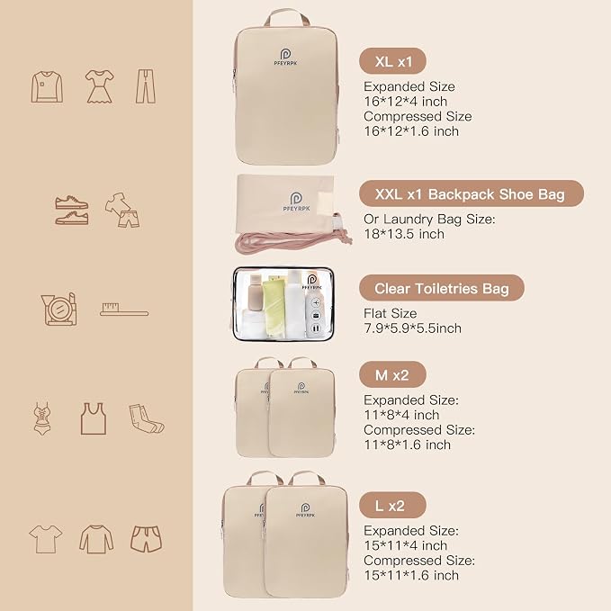 PFEYRPK Lightweight Compression Packing Cubes for Suitcases, Compressible Expandable Travel Packing Organizer with Clear Toiletries and Backpack Bag, Travel Essentials for Carry on Luggage 7 Set - Image 2