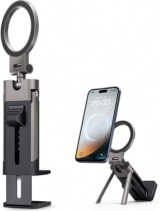 Travel Phone Holder 360 Magnetic Stand | For Airplane Desk Office Gym, Foldable Metal Stand with 40 N55 Magnets, Military Grade Dual Spring Clamp for Turbulence by Unknown