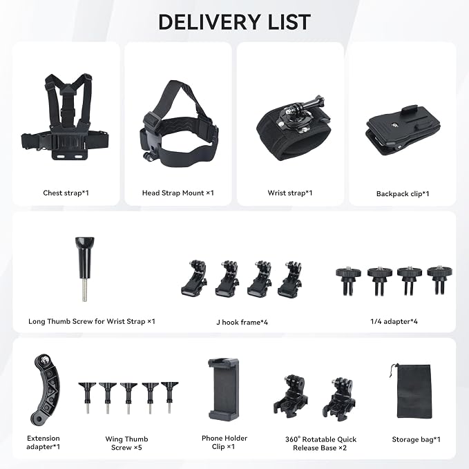 4 in 1 Action Camera Accessories for GoPro Hero 13/12/11/10/9/8/7/6 | Chest Mount Harness+Backpack Clip+360° Rotating Head Strap+Wrist Strap for DJI Osmo Action/Pocket 4/3/Insta360 X5/X4, TW06 - Image 9