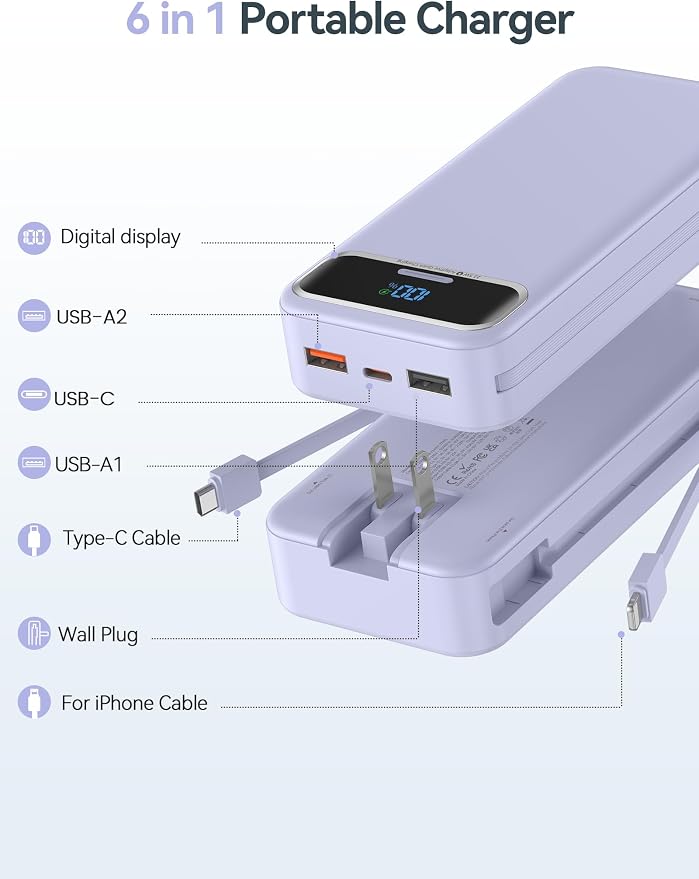 aonidi Portable Charger 20000mAh with Built-in Cables&AC Wall Plug, Purple | PD20W Fast Charging,Travel Essential,TSA Approved,LED Display,All in One USB C Power Bank for All Cell Phones Devices - Image 2