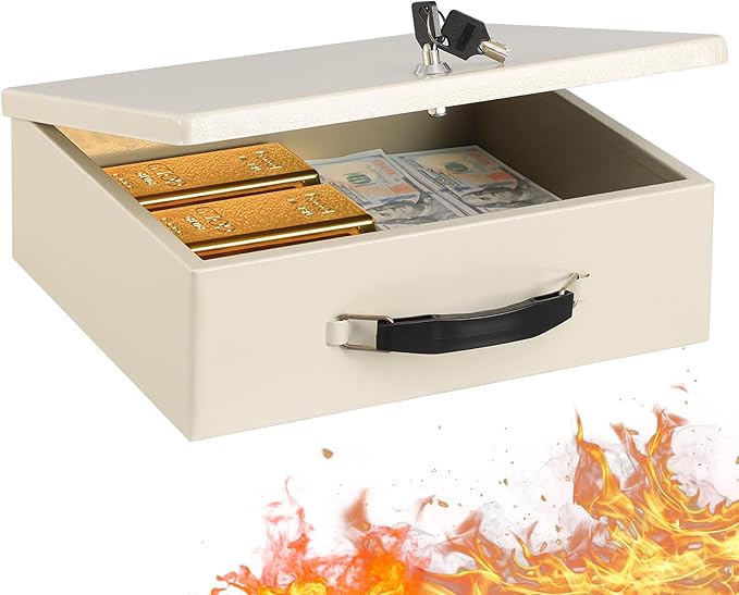 KYODOLED Fireproof Document Box with Key Lock, Safe Storage Box for Valuables, Fire Resistance Security, Fireproof Lock Box for Passport, Cash, Tablet 13.2'' x 11'' x 4.13'' Beige by KYODOLED