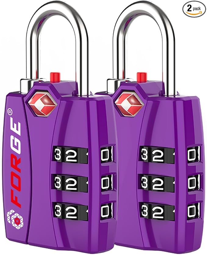 Forge Open Alert TSA Approved Luggage Locks - 3 Digit Combination, Easy Read Dials, Zinc Alloy Body - Ideal Travel Lock for Luggage, Suitcases, Bags & Toolboxes (Purple 2 Locks) by Forge