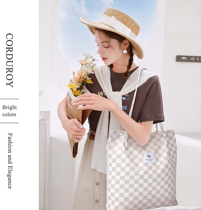 LHMTQVK Corduroy Tote Bags for Women, Large Capacity Tote Purse Reusable Grocery Shoulder Bag with Inner Pockets - Image 7