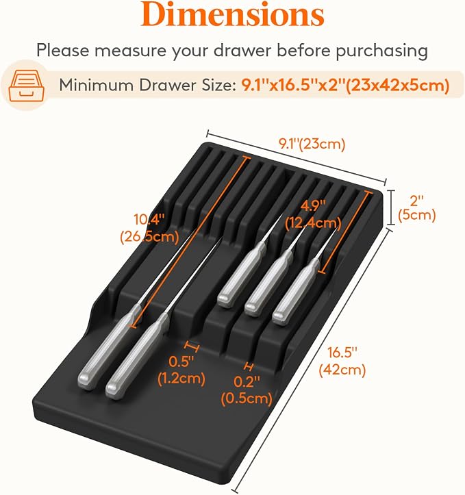 Lifewit Magnetic Drawer Knife Organizers Insert Pastic for 12 Knives, Black | Kitchen Plastic In Drawer Knife Block Slots, Steak Chefs Knives Holder Storage for 12 Knives and 1 Sharpening Steel 16.5" - Image 2