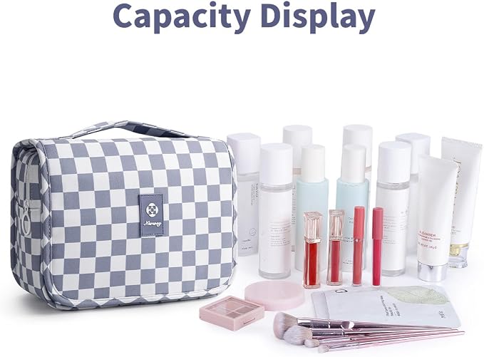 Narwey Small Hanging Travel Toiletry Bag for Traveling Women, Checkered Travel Bag for Toiletries, Makeup Bag Organizer Make Up Cosmetic Bags, Gifts for Kids Teen Girls (Grayish Blue Checkerboard) - Image 6
