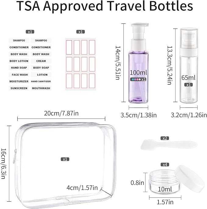 9 PCS Travel Bottles for Toiletries 3.4oz Pump Bottle Dispenser | TSA Approved, Leak Proof, Plastic Travel Size Containers, 2oz Spray Bottle, 0.35 Cream Jars, and a Toiletry Bag - Image 2
